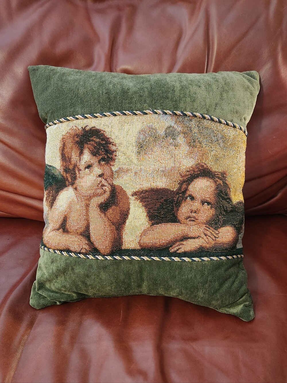Vintage 1990s Cherub Angel Tapestry Decorative Throw Pillow Green Velvet 17"